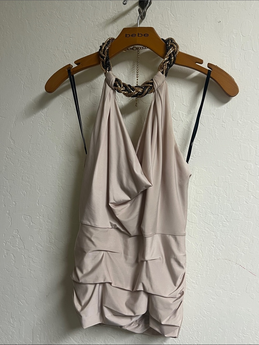 bebe Braided Halter Draped Mini Top in beige
